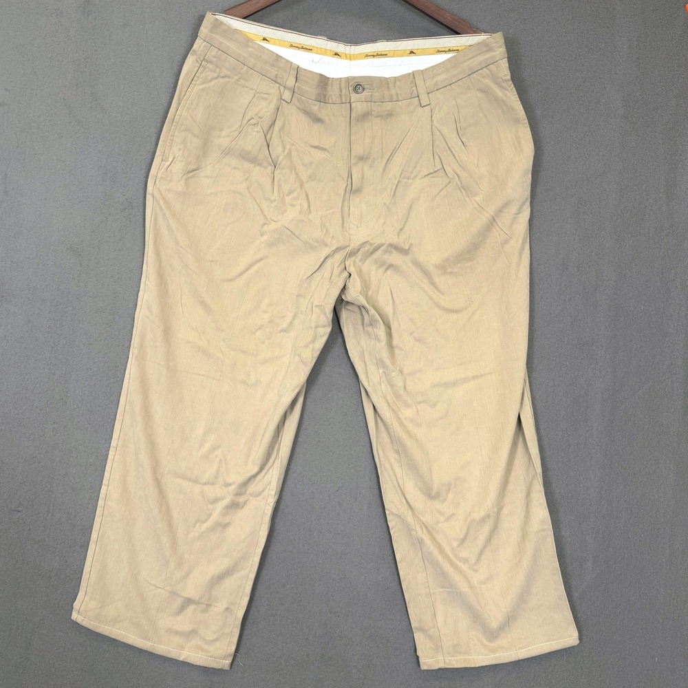 Tommy Bahama Pleated Pants Men 38X30 Khaki Silk Rayon Herringbone Dress Trousers